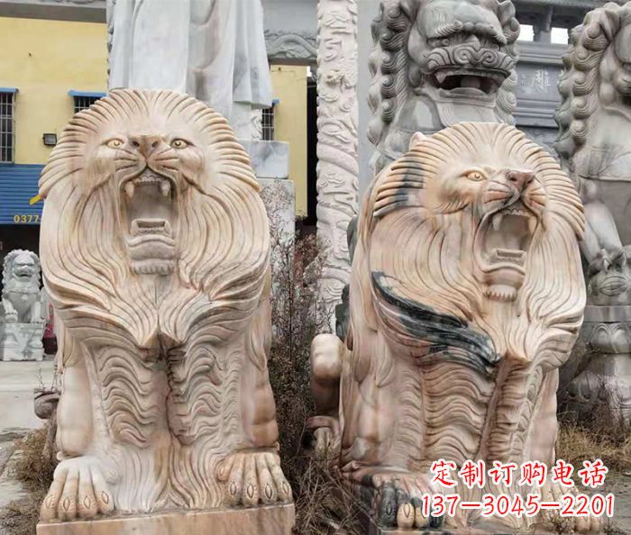 山西晚霞红石雕欧式石狮子