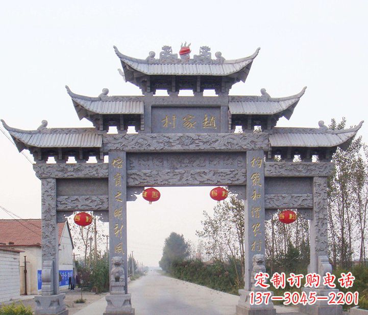 山西晚霞红石雕牌坊