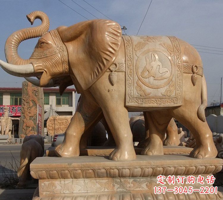 山西晚霞红石雕如意大象