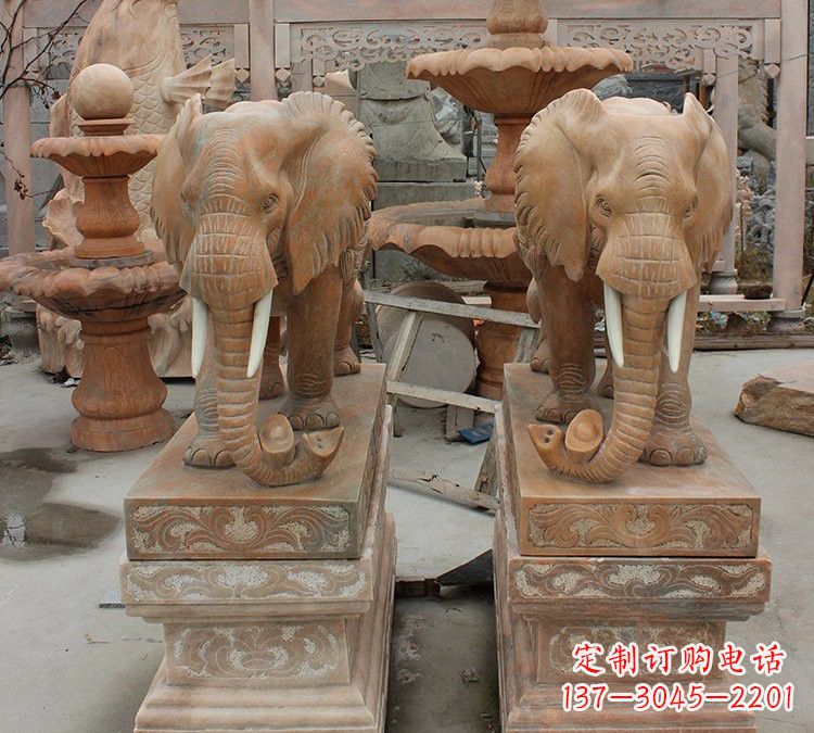 山西晚霞红石雕元宝大象
