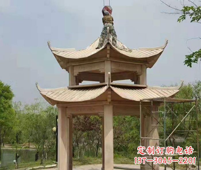 山西晚霞红双层凉亭石雕 (2)