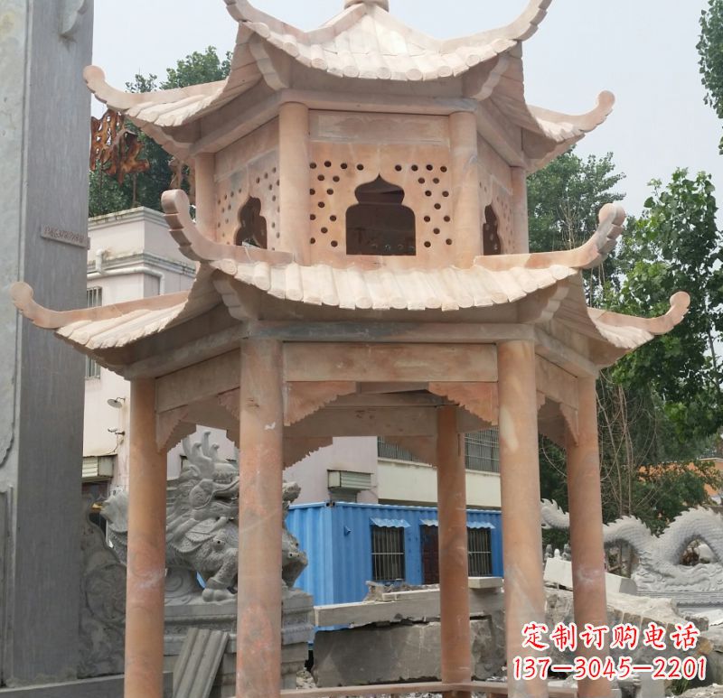 山西晚霞红双层六角凉亭石雕 (2)