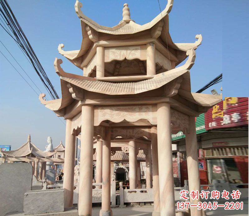山西晚霞红双层六角凉亭石雕 (3)
