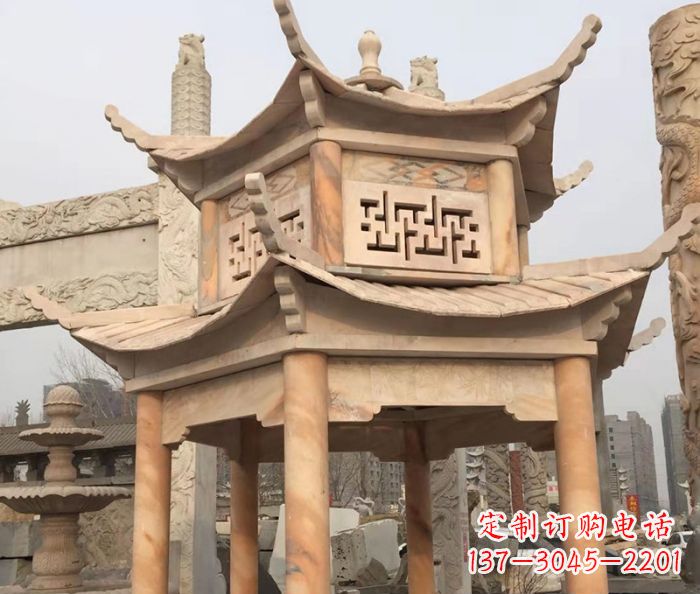 山西晚霞红双层石雕凉亭