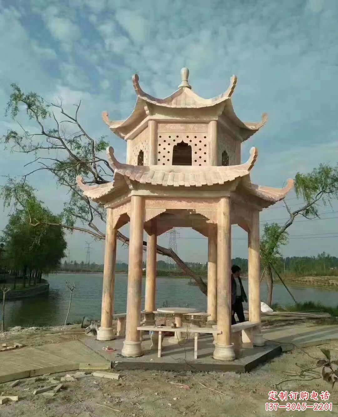 山西晚霞红双层石凉亭 (2)