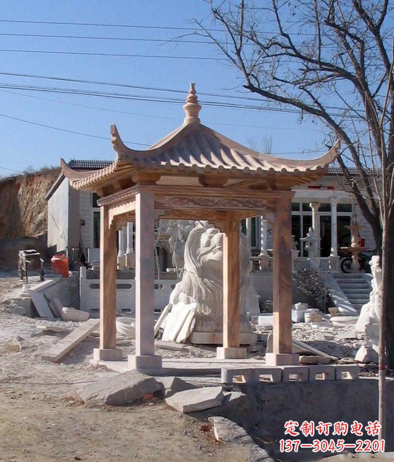 山西晚霞红四角凉亭景观石雕