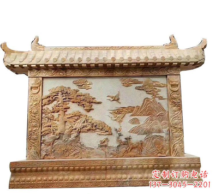 山西晚霞红松鹤延年浮雕影壁
