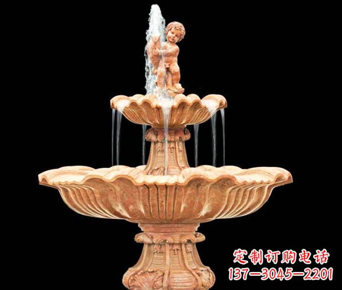 山西晚霞红小孩抱鱼石雕喷泉