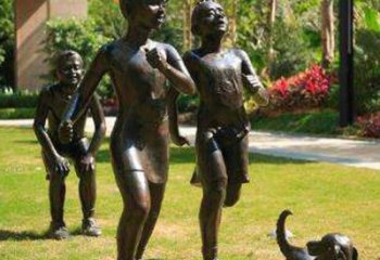 山西宁夏中领雕塑推出的儿童铜雕跑步遛狗，一款…