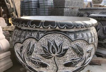 山西青石仿古荷花水缸雕塑