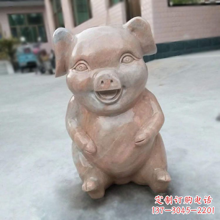 山西喜庆的石雕猪-晚霞红大理石生肖动物雕塑