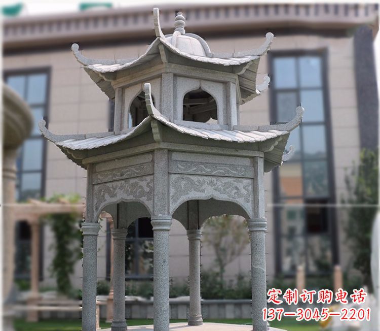 山西小区大理石六角石雕双层凉亭