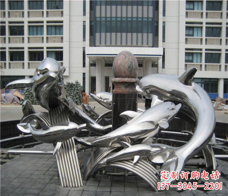 山西校园不锈钢海豚海浪雕塑