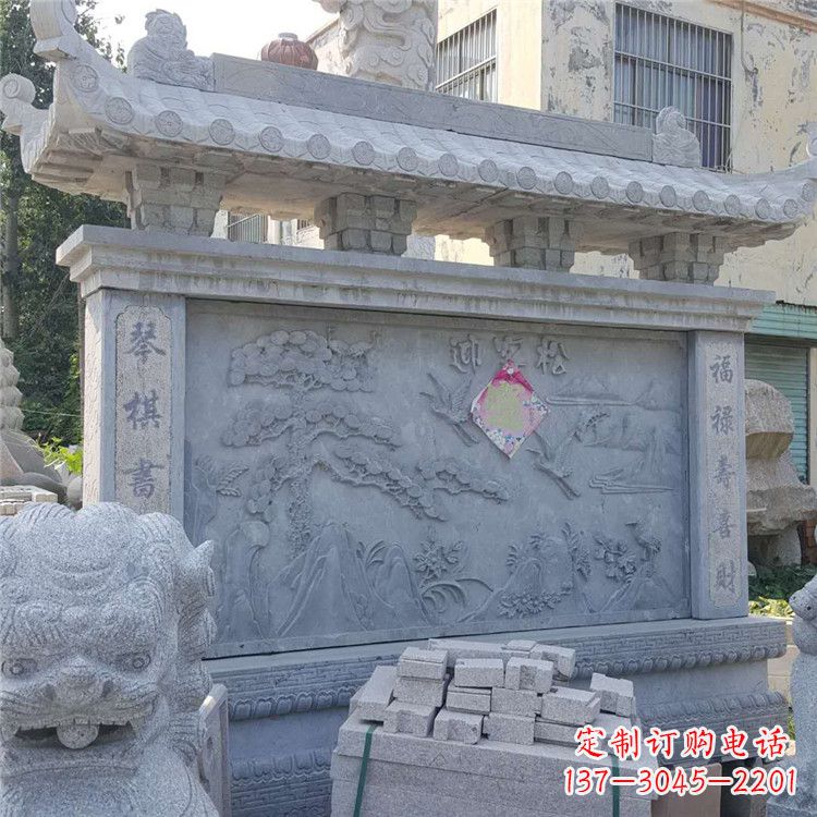 山西迎客松石雕影壁墙