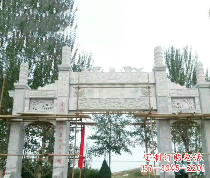 山西园林仿古三门牌坊石雕 (3)
