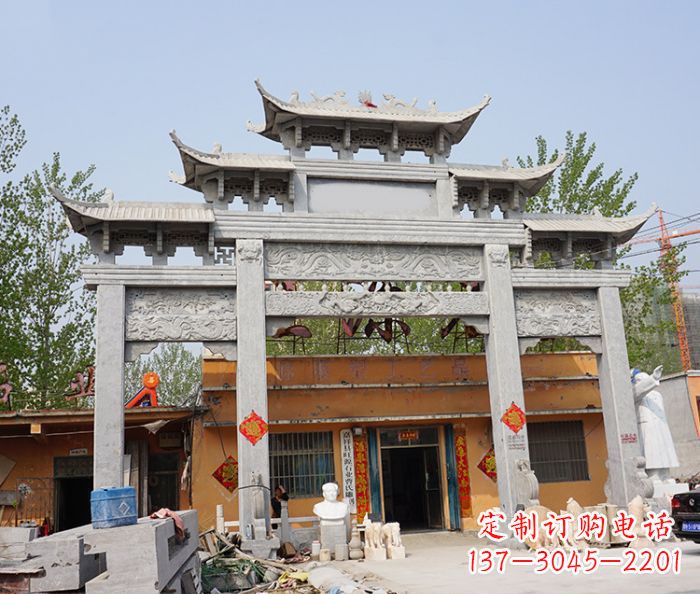 山西园林仿古三门牌坊石雕 (5)