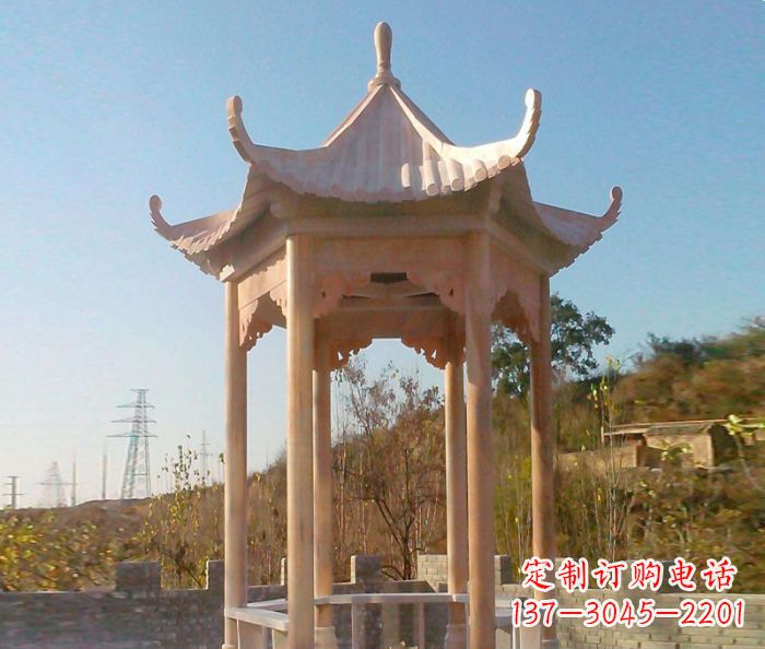 山西园林景观晚霞红单层石雕凉亭