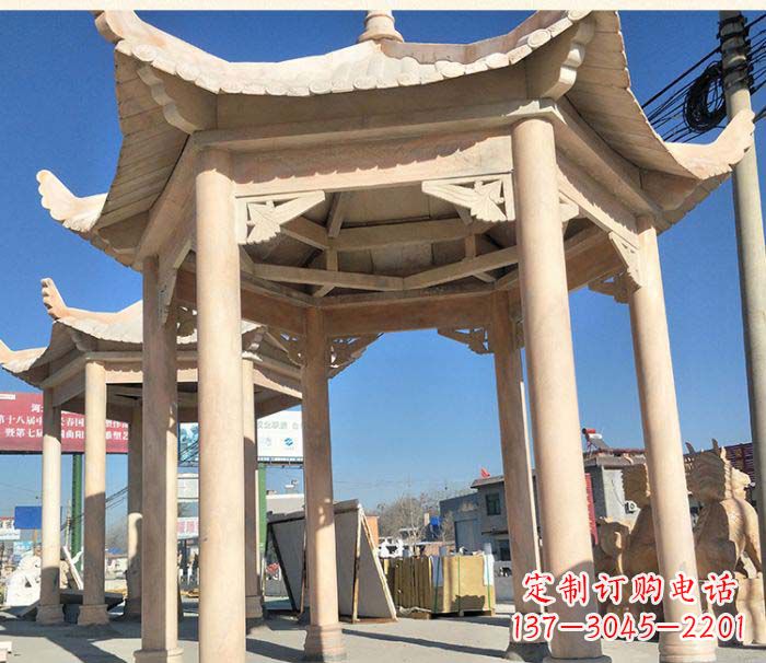 山西园林景观晚霞红六角石雕凉亭 (2)