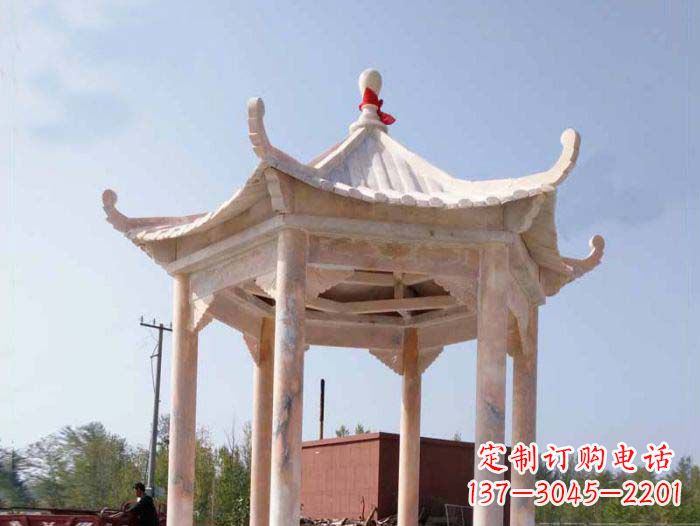 山西园林景观晚霞红六角石雕凉亭