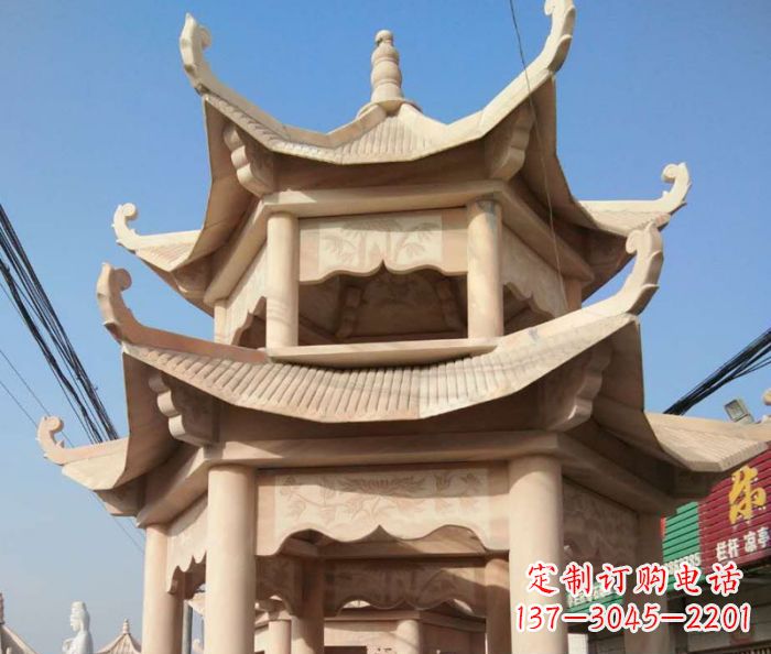 山西园林景观晚霞红双层石雕凉亭 (2)