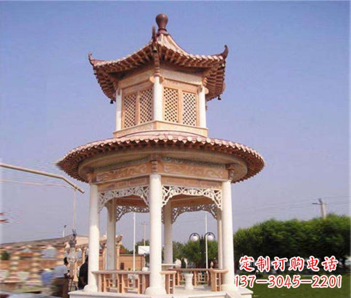山西园林景观晚霞红双层石雕凉亭 (4)