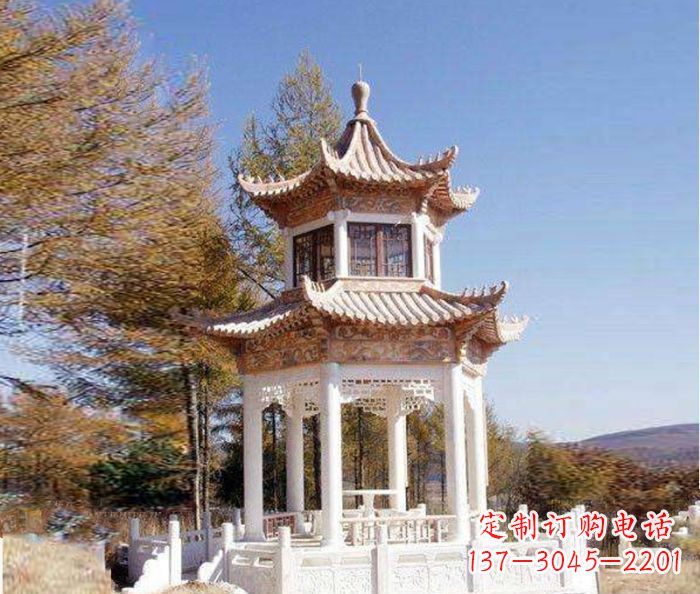 山西园林景观晚霞红双层石雕凉亭 (3)