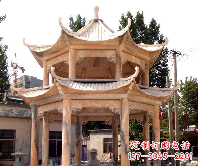 山西园林景观晚霞红双层石雕凉亭