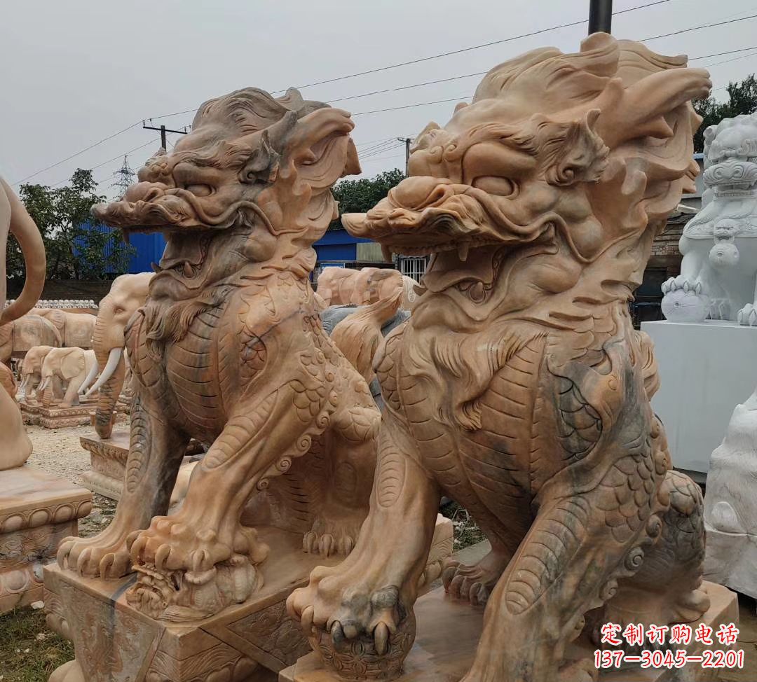 山西园林晚霞红古代招财神兽麒麟石雕