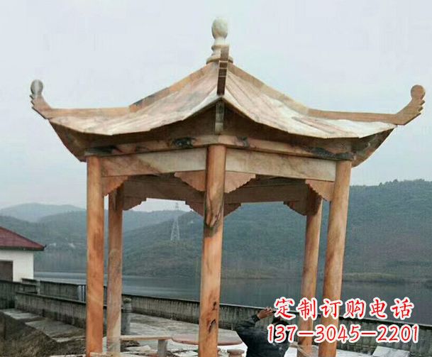 山西园林晚霞红单层石凉亭景观石雕