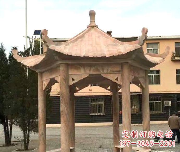 山西园林晚霞红六角石雕凉亭