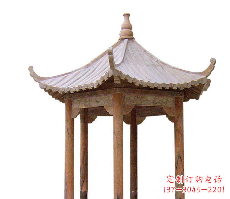 山西园林晚霞红六角石凉亭景观石雕 (2)