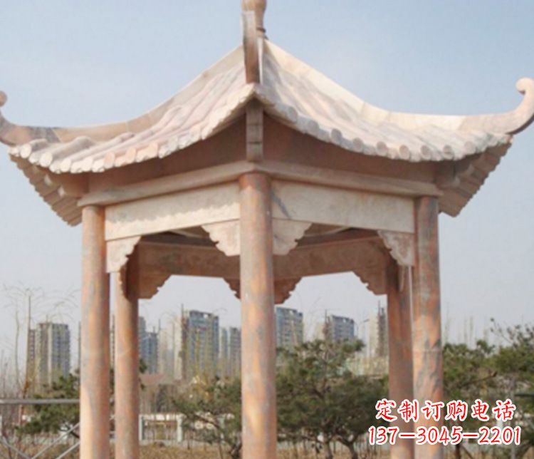 山西园林晚霞红六角石凉亭景观石雕