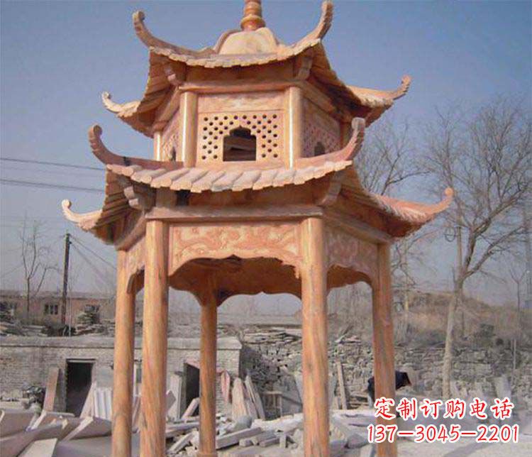 山西园林晚霞红石凉亭景观石雕