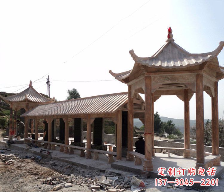山西园林晚霞红长廊凉亭景观石雕