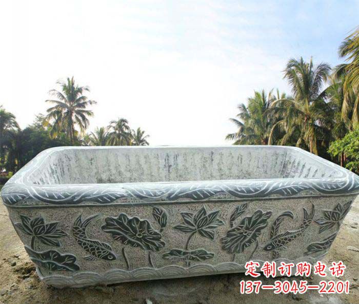 山西长方形连年有余荷花浮雕石水缸