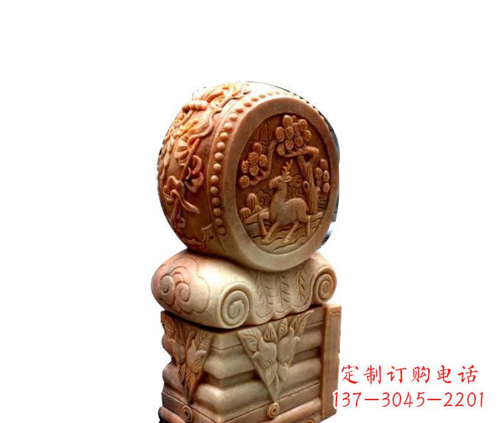山西招财石门墩晚霞红抱鼓石