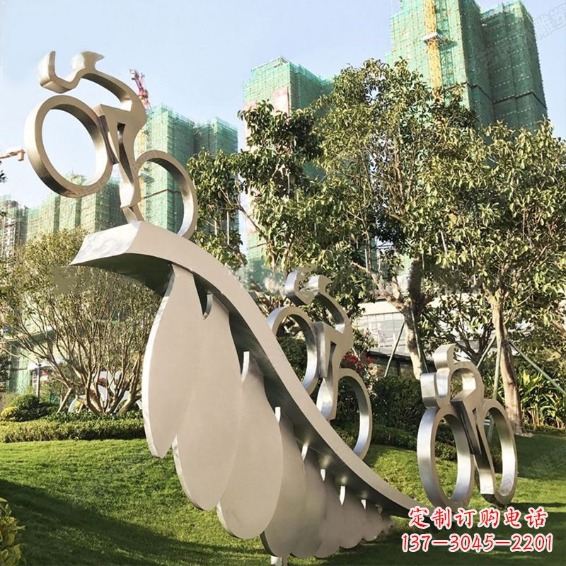 山西自行车雕塑-抽象不锈钢骑自行车人物景观雕塑